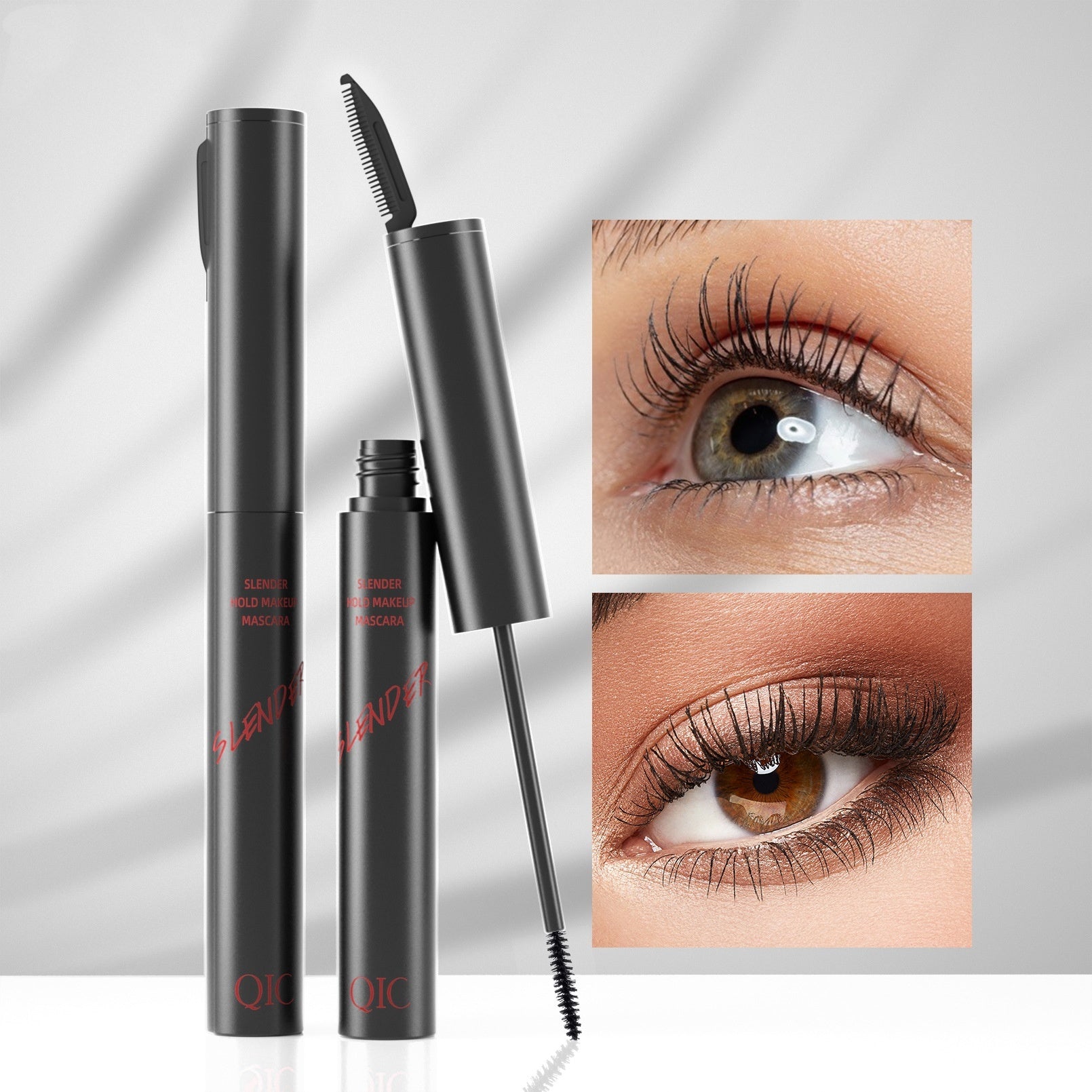 Black slender hold makeup mascara tube and wand with close-up eyes showing long natural lashes
