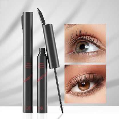Black slender hold makeup mascara tube and wand with close-up eyes showing long natural lashes