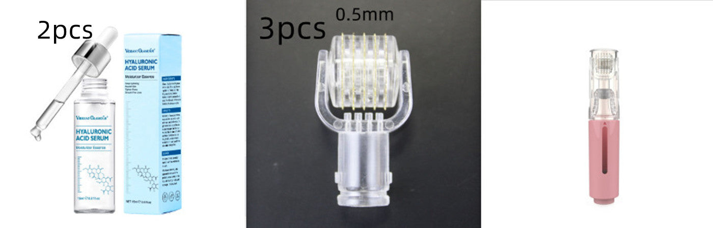 Hyaluronic acid serum bottle with dropper, 0.5mm microneedle derma roller head, and pink microneedling device