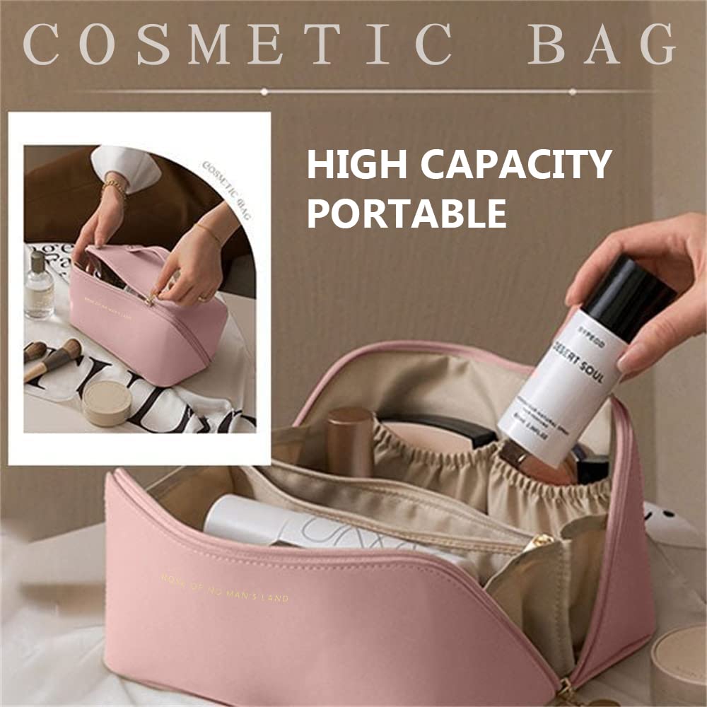 Pink cosmetic bag with products being organized, labeled as high capacity and portable.