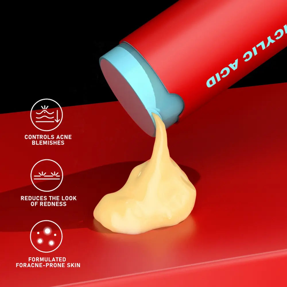Cosmetic product with red container and beige cream on a red background, featuring text about its benefits.