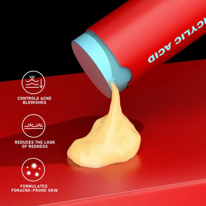 Cosmetic product with red container and beige cream on a red background, featuring text about its benefits.