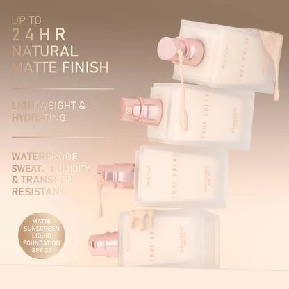 Matte sunscreen liquid foundation packaging with text highlighting features on a beige background