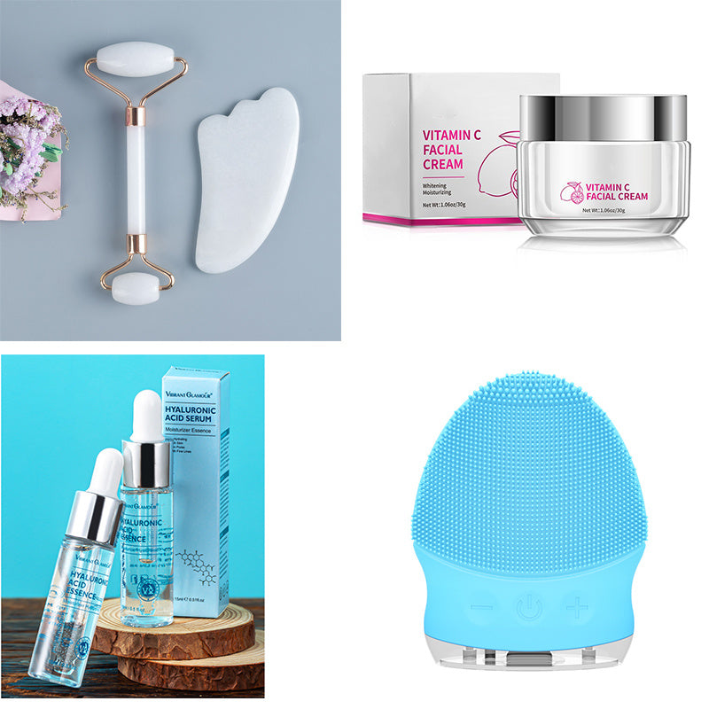 Vitamin C facial cream, hyaluronic acid serum, facial roller, gua sha stone, and blue silicone facial cleansing brush