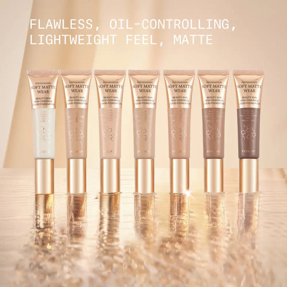 Row of Beauty Brand Soft Matte Wear foundation bottles with product features text above.