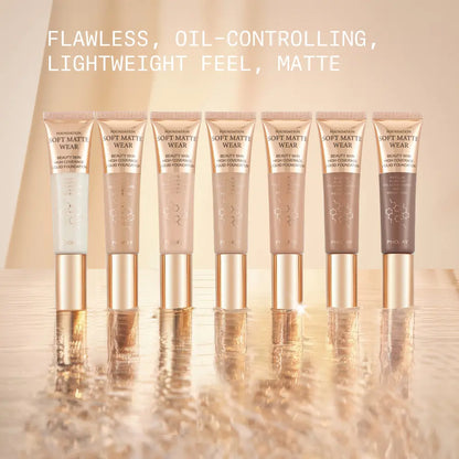 Row of Beauty Brand Soft Matte Wear foundation bottles with product features text above.