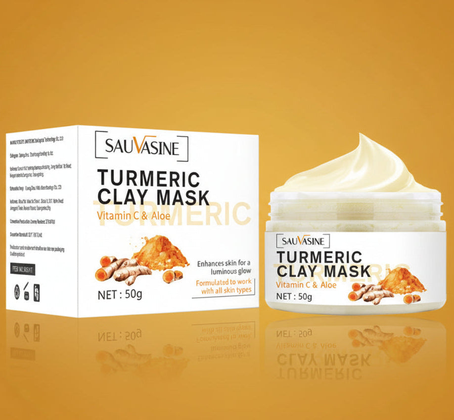 Sauvazine Turmeric Clay Mask with Vitamin C and Aloe, 50g jar and box, skincare for luminous glow