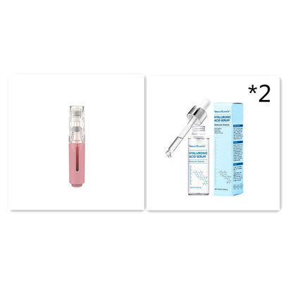 microneedling derma pen with pink handle and duo bottles of hyaluronic acid serum with dropper