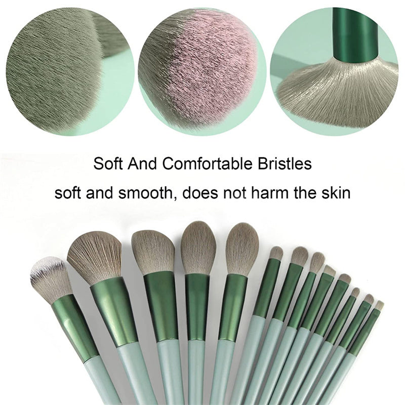 Set of soft, comfortable makeup brushes with green handles and smooth bristles, shown in close-up