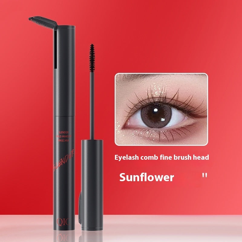 Black slender mascara tube with fine eyelash comb brush and close-up of eye with applied mascara on red background