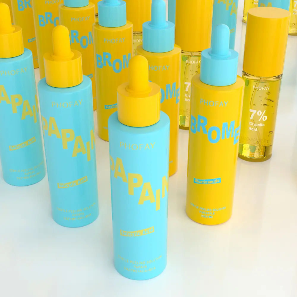Bottles of a product with blue and yellow labels on a white background