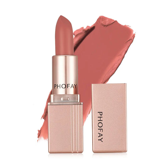 Lipstick with pink shade and PHOFAY branding on a white background