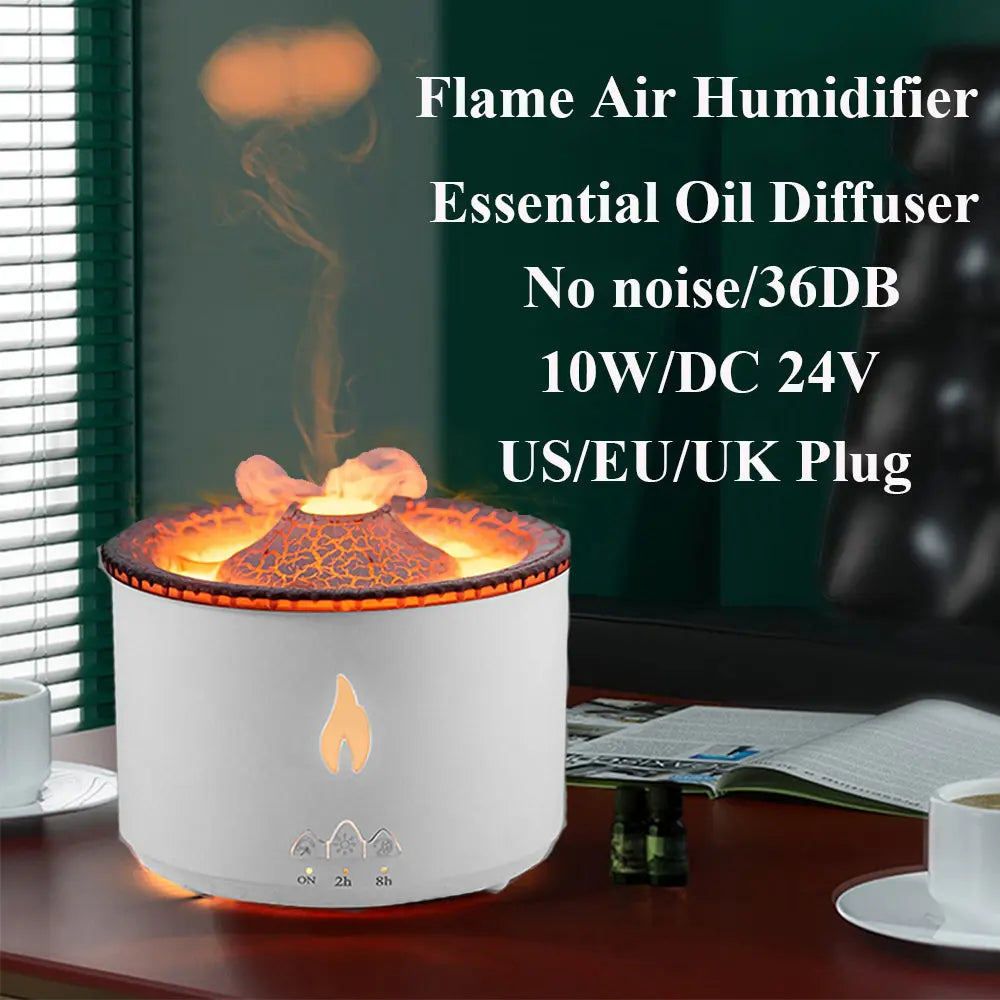 Volcano Flame Aromatherapy Humidifier featuring all the various plug availabilities - Jellyfish Smoke Ring Diffuser velvet vial