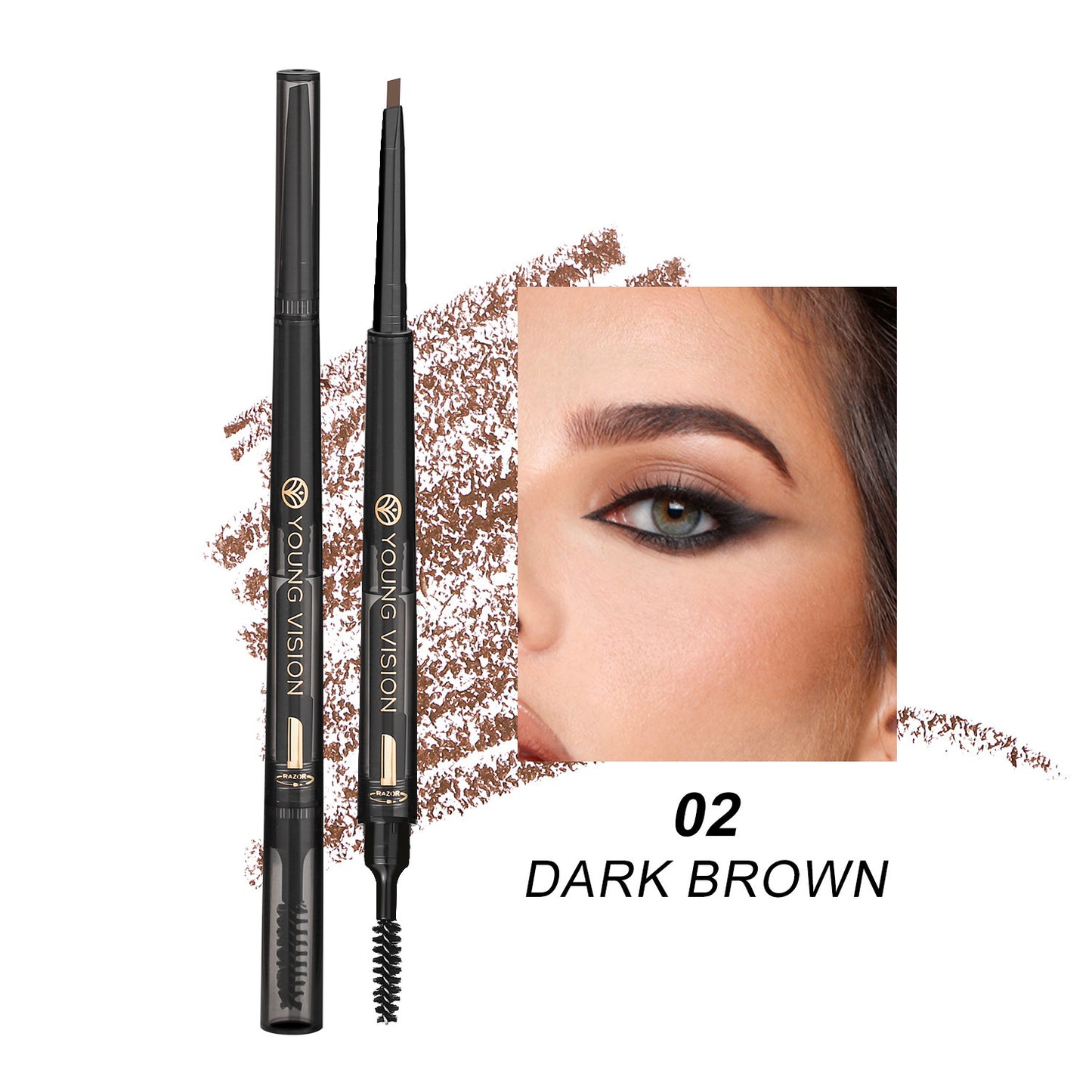 Young Vision dark brown eyebrow pencil with spoolie brush and close-up of shaped dark brown eyebrow