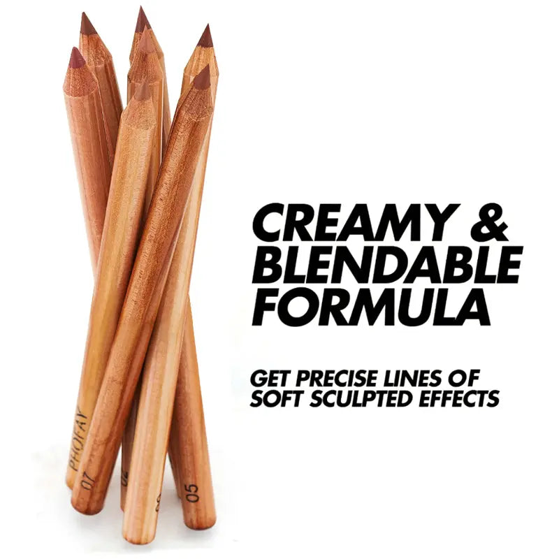 Wooden makeup pencils with text highlighting creamy and blendable formula on a white background