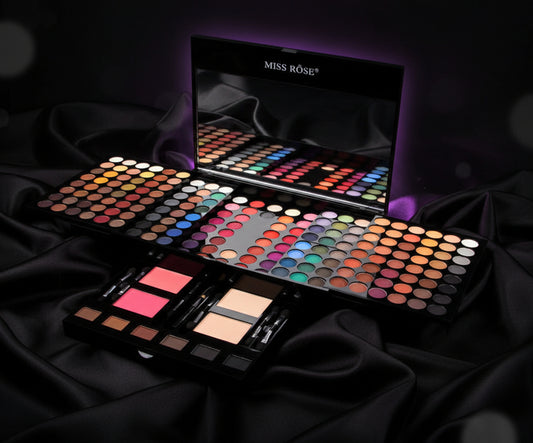 Miss Rose makeup palette with colorful eyeshadows, blushes, powders, brushes, and mirror