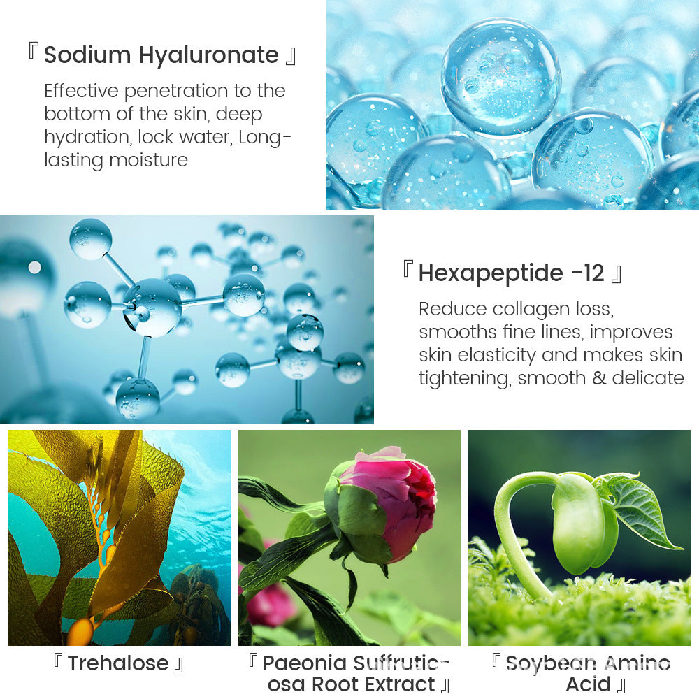 Illustrations and photos of Sodium Hyaluronate, Hexapeptide-12, Trehalose, Paeonia Suffruticosa root, and Soybean amino acid skincare ingredients