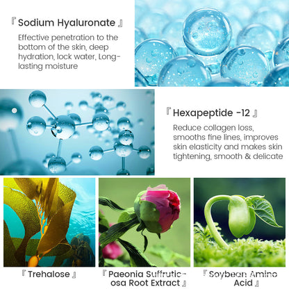 Illustrations and photos of Sodium Hyaluronate, Hexapeptide-12, Trehalose, Paeonia Suffruticosa root, and Soybean amino acid skincare ingredients