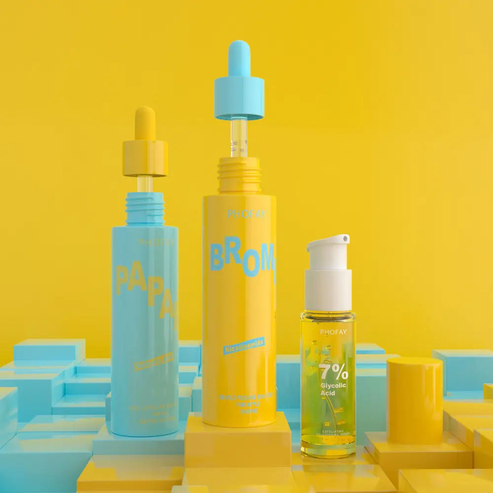 Three skincare bottles with different labels on a yellow background