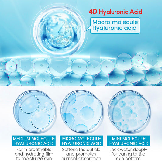 4D Hyaluronic Acid illustration showing macro, medium, micro, and mini molecules hydrating and softening skin