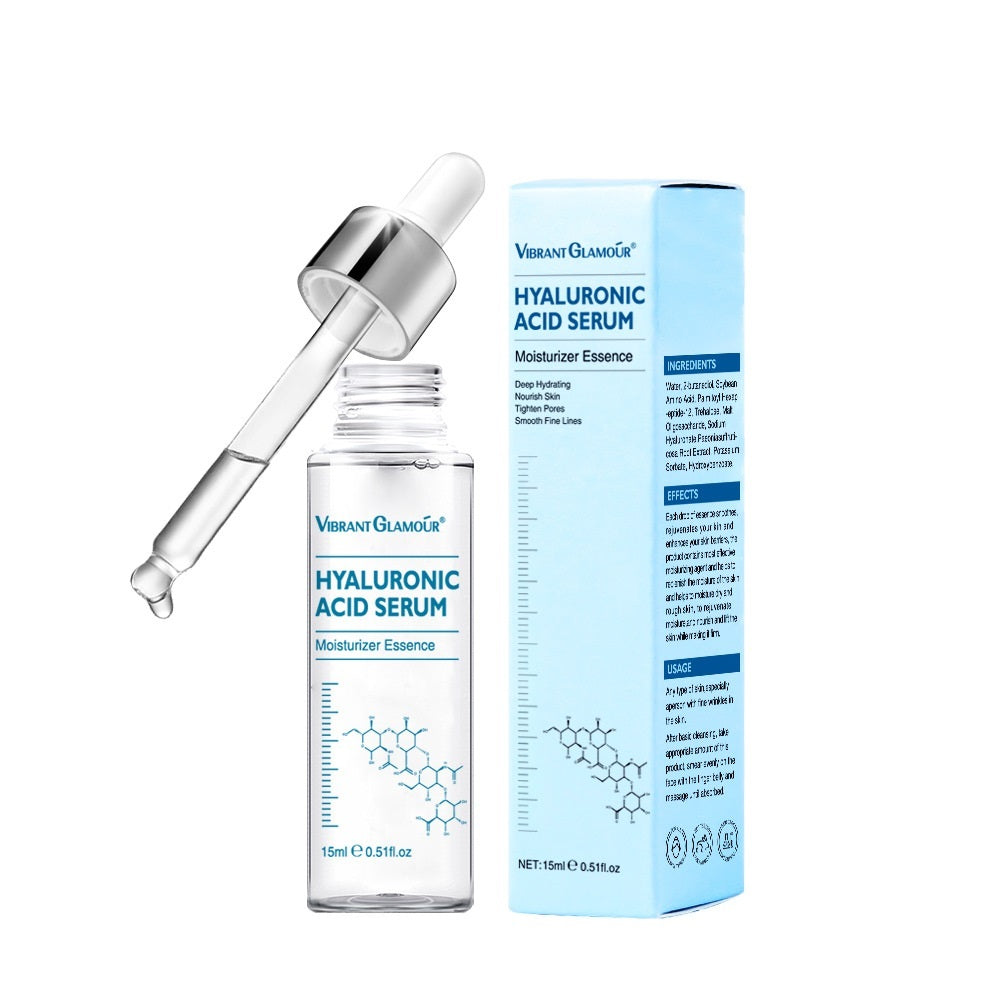 Vibrant Glamour Hyaluronic Acid Serum 15ml bottle with dropper and light blue packaging