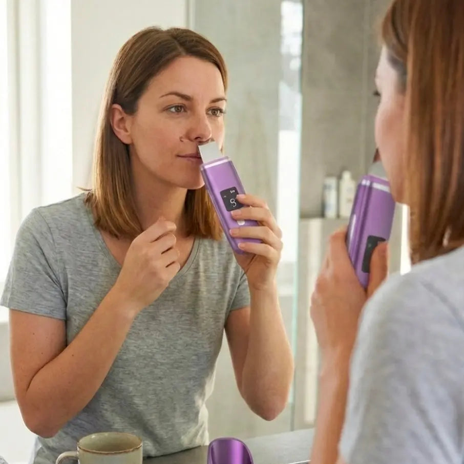 Woman about to use purple Ultrasonic Skin Scrubber in her bathroom - Deep Pore Cleansing & Exfoliation Tool velvet vial
